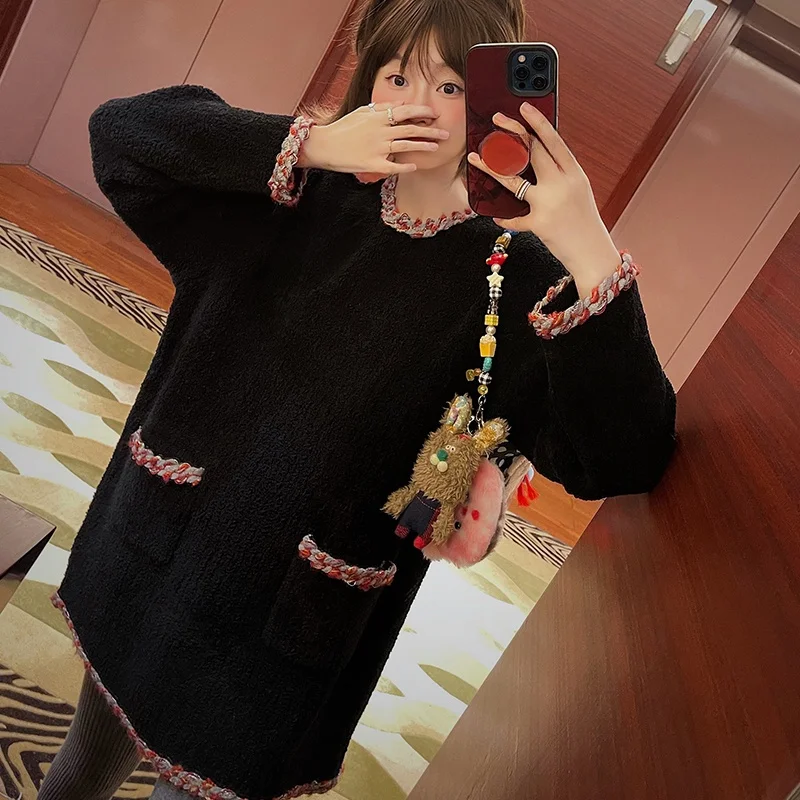 

Vimas Soft Wool Sweater Dress Classic Black Comfortable Texture Straight Cut Commute Style Women's Thick Winter round Neck Dress