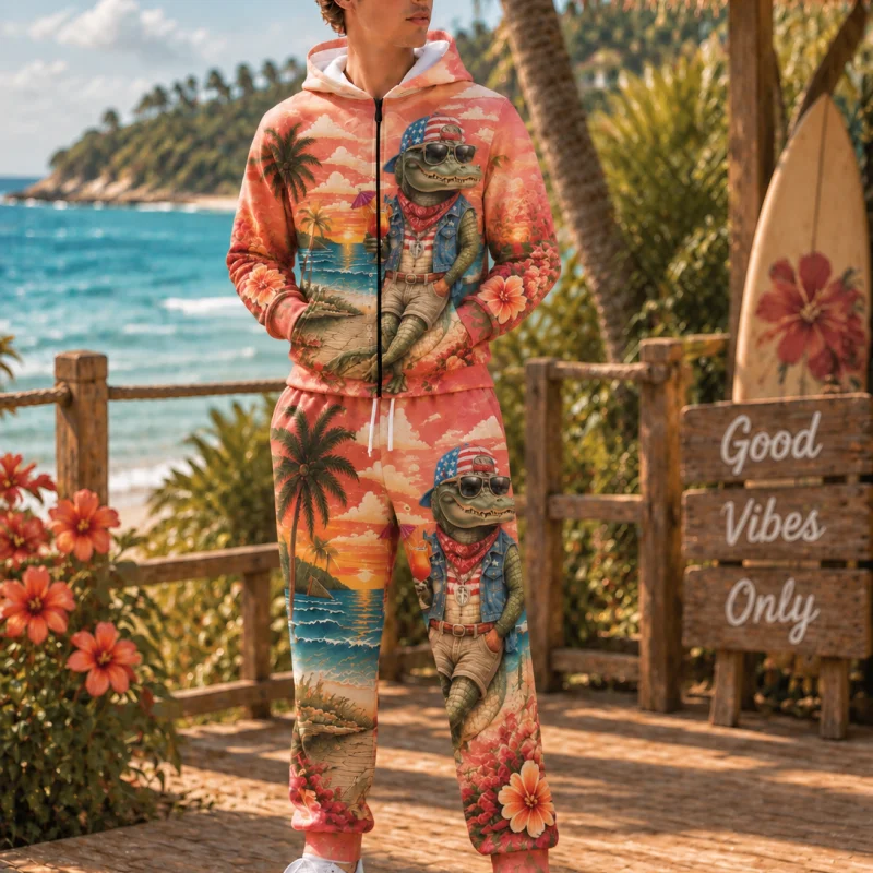 Men's 2Pcs Tracksuit Set Cartoon Crocodile Beach Sunset Palm Tree Floral Graphic Zip Up Hoodie Sweatpants Casual Streetwear