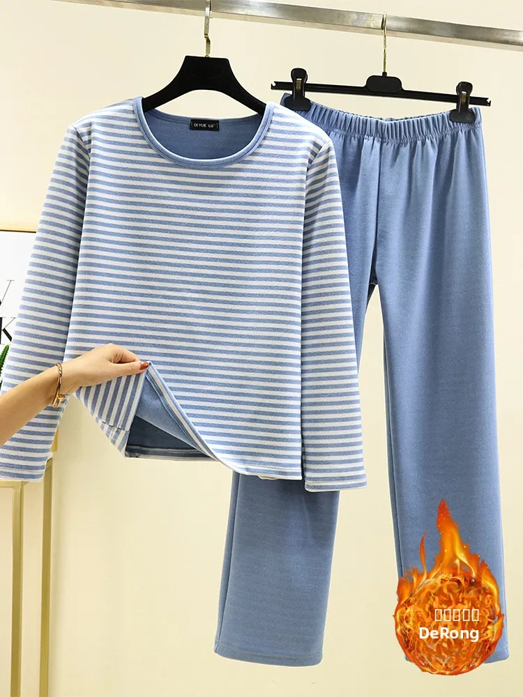 Thiened Fce Pajamas Set Women's Winter Home Clothes Casual Long Sve round Ne Long Pants Velvet  Outerwear