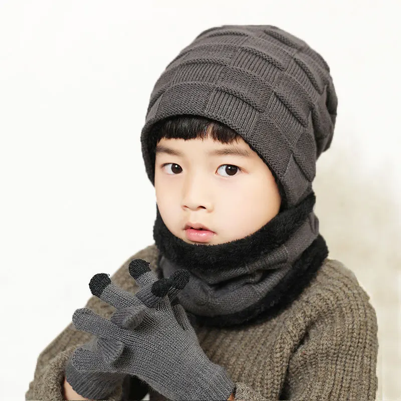 Child Knitted Hat And Scarf Gloves Set Boys Girls Winter Warm Plush Hat 3 Piece Sets Kids New Outdoor Ski Cap Scarves Solid