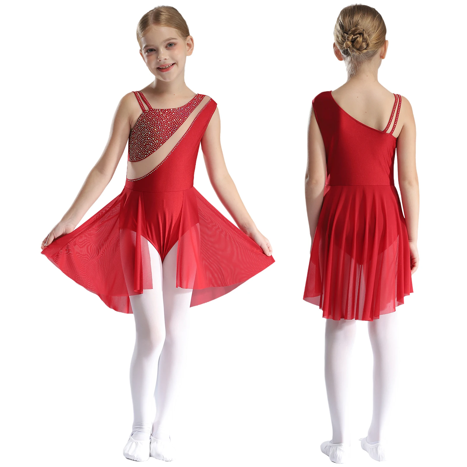 

Kids Girls Figure Skating Dance Leotard Sheer Mesh Patchwork Shiny Rhinestones Asymmetrical Shoulder Skirted Dresses Dancewear