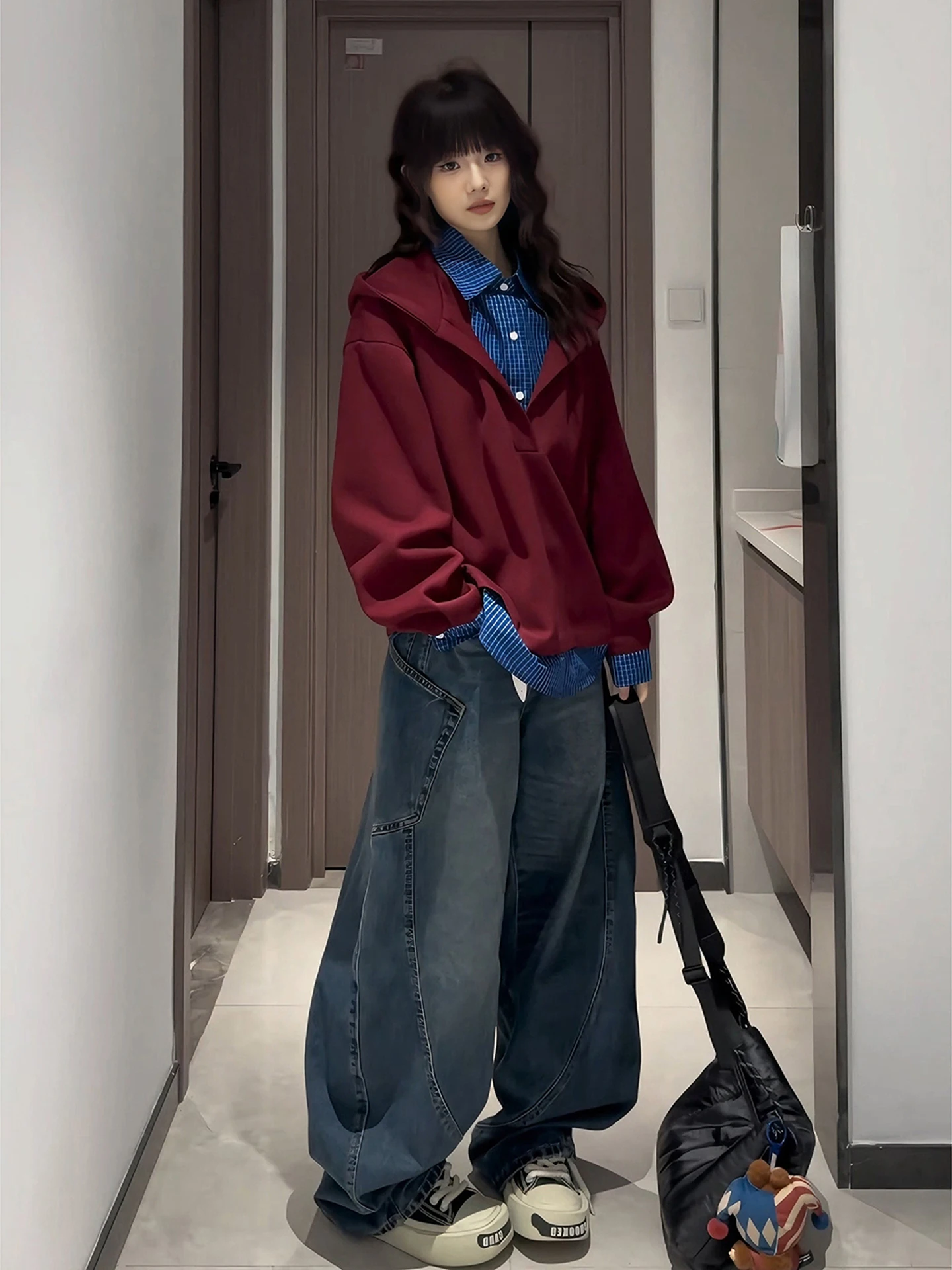 

Красная клетчатая толстовка свободного кроя в стиле Spring Design Sense, лоскутная, в стиле ретро, университетская, удобная, с длинными рукавами