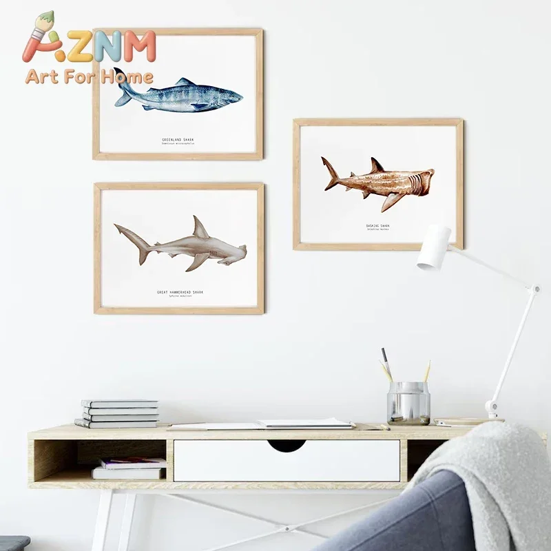 Modern Sharks Turtle Whale Posters Prints Watercolor Marine Organism Canvas Painting Wall Art Pictures Home Room Decoration