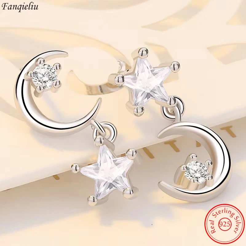 

Real 925 Sterling Silver New Jewelry Fashion Crystal Zircon Moon Star Drop Earrings For Women FQL23561