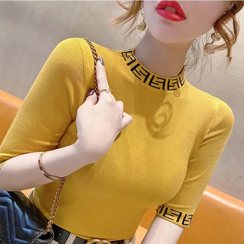 Summer New Versatile Slim Fashion Base Shirt Thin Inner Mid-sleeve Knitted Top Women Sweater