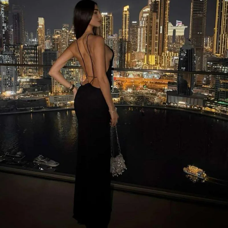 Damen Sexy Metallschnallen-Rückenfreies Camisole Bodycon Maxikleid Ärmellos mit Spaghettiträgern für Geburtstagsfeiern Langes Abendkleid Nachtclub-Outfit