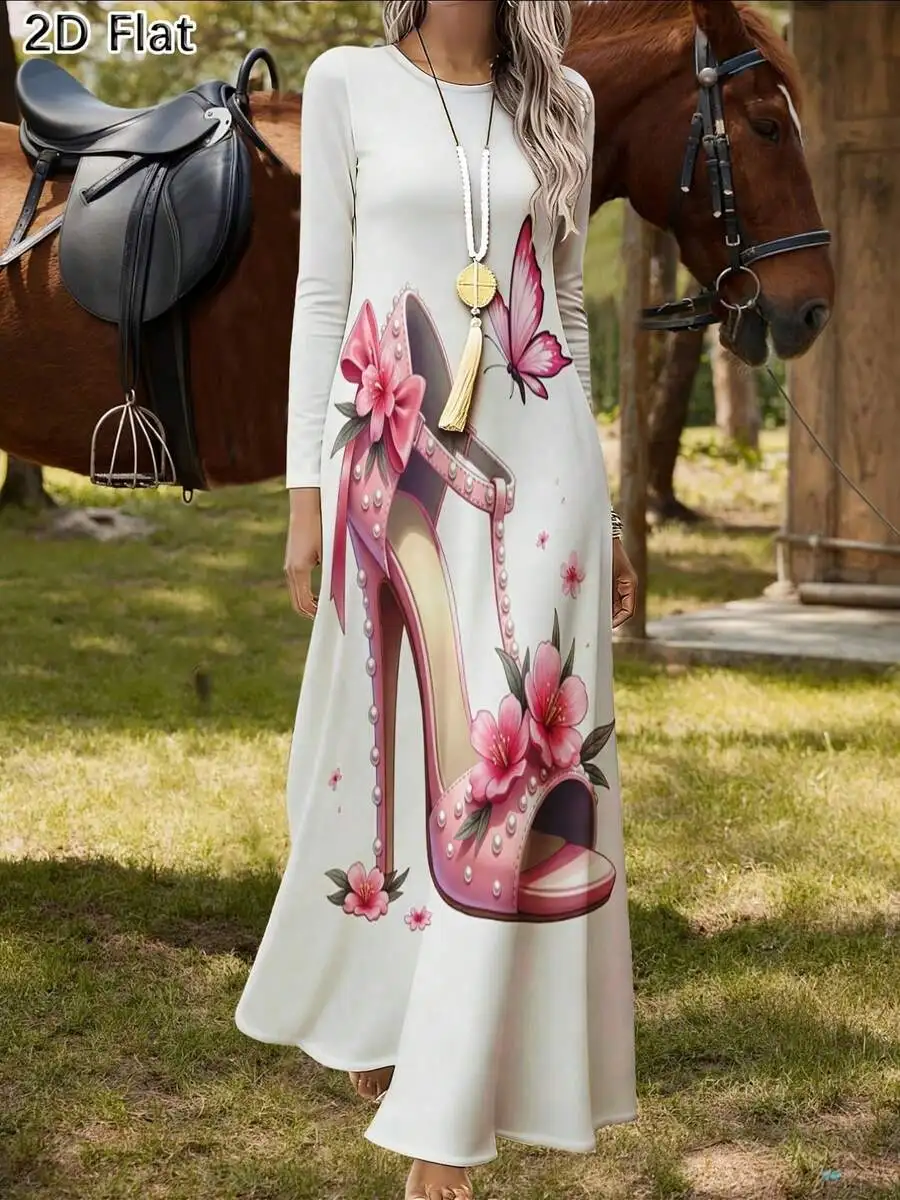 

Plus Size Round Neck Long Sleeve Maxi Dress With High Heel Butterfly Flower Print