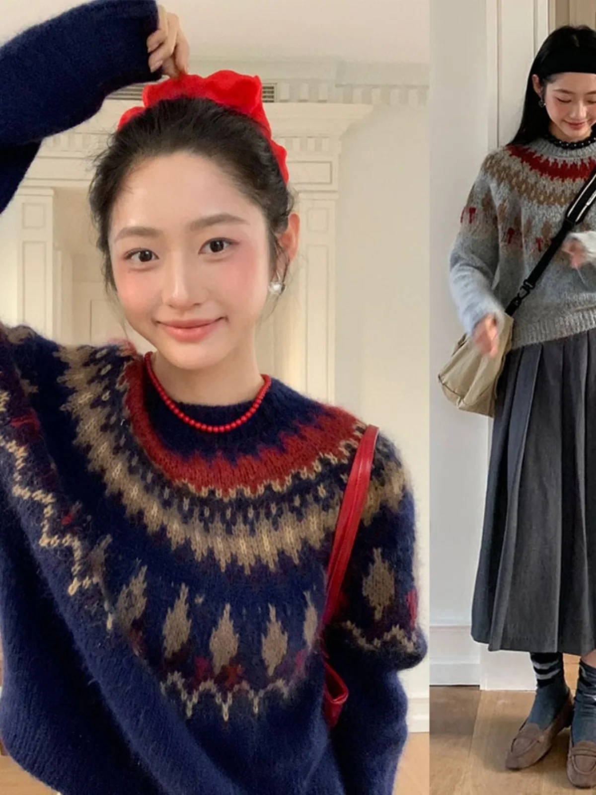 따뜻한 니트 스웨터 여성용 라운드 넥 풀오버 꽃 자수 빈티지 스타일 캐주얼 편안한 긴 소매 가을 겨울