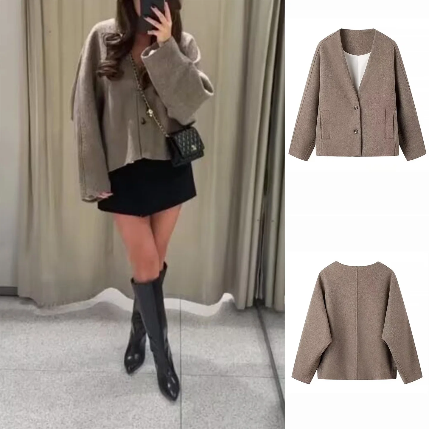 

Осеннее женское повседневное пальто с двумя пуговицами V-Ne Long Sve Свободное шерстяное пальто из полиэфирного волокна 00% чистый цвет для поездок на работу