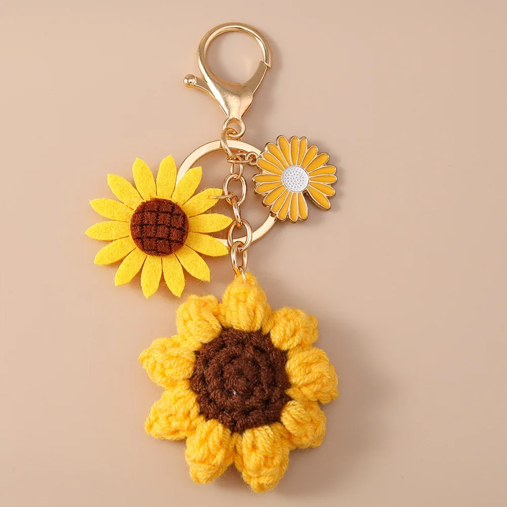 Handmade Crochet Sunflower Pendant Bag Charm Handbag Decor Crocheted Flower Key Ring Backpack Weaving Knitted Keychain