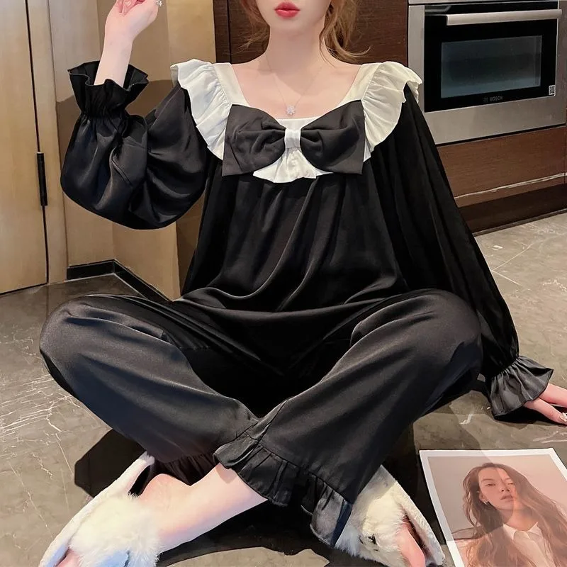 

Large Size Casual Warm Pajamas Set Women Spring Autumn Loose High-end Bow Loungewear Sweet Princess Style Can Be Worn Outside