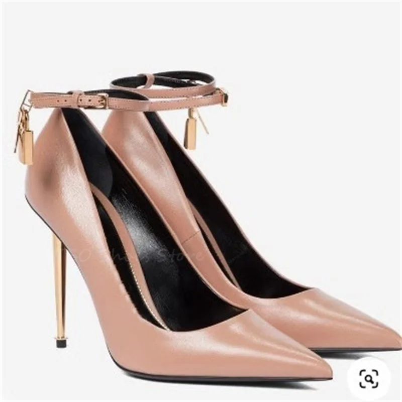 

Solid Color Pointed Shallow Pumps Women Lock Gold Heels Fashion Show High Heels Sexy Single Shoes Lady Big Size 44