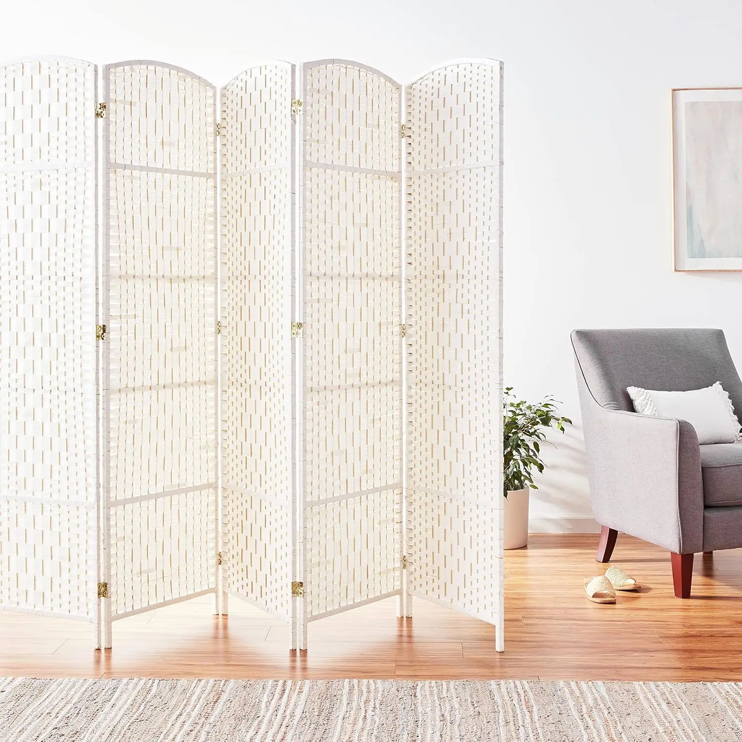6ft Tall Diamond Weave Fiber Room Divider White 5 Panel Privacy Screen, Customized