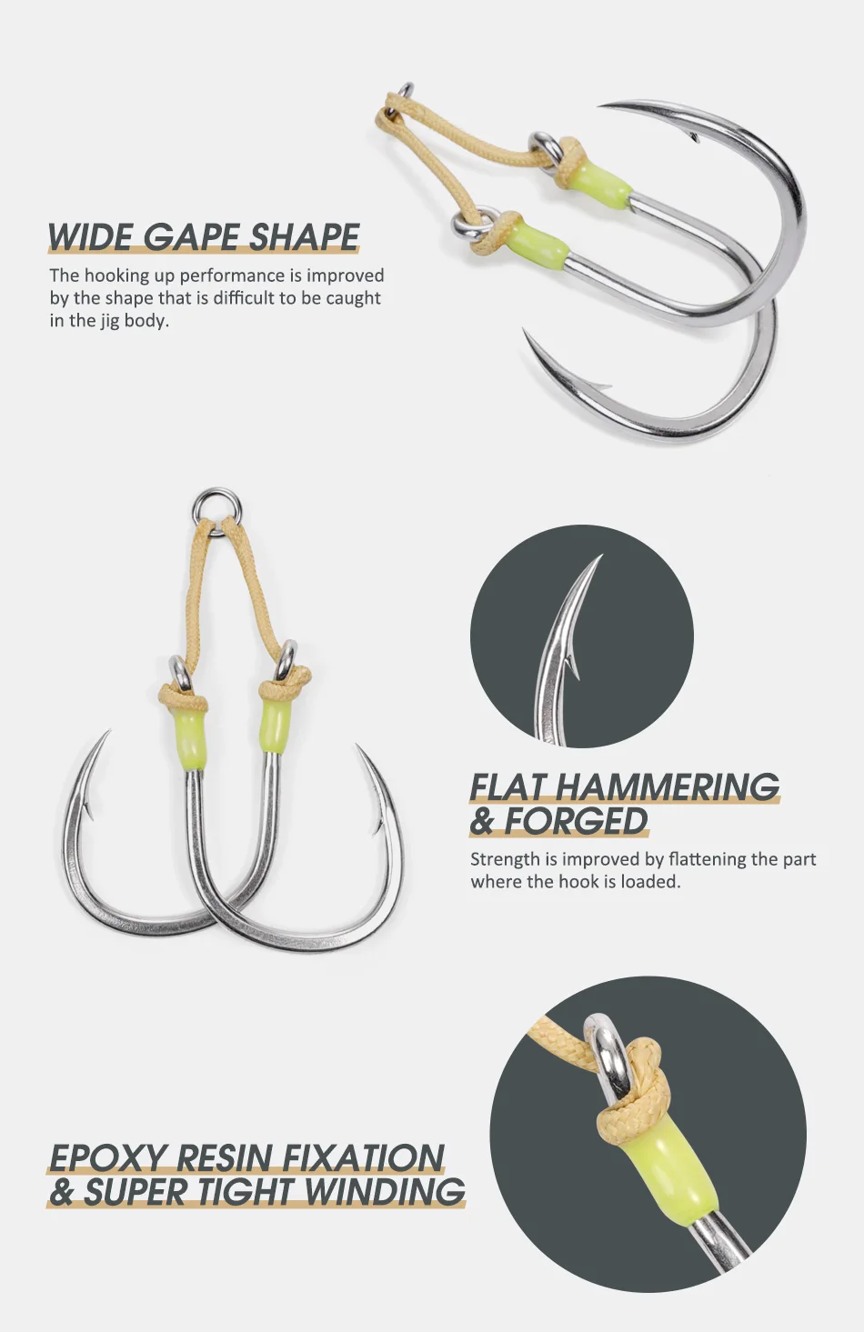 NOEBY Hochleistungs-Doppel-Assist-Haken 3/0-7/0 mit Kevlar-Assist-Schnur, 150 kg Tragkraft für Metall-Jigs und Offshore-Jigging – Detail 4