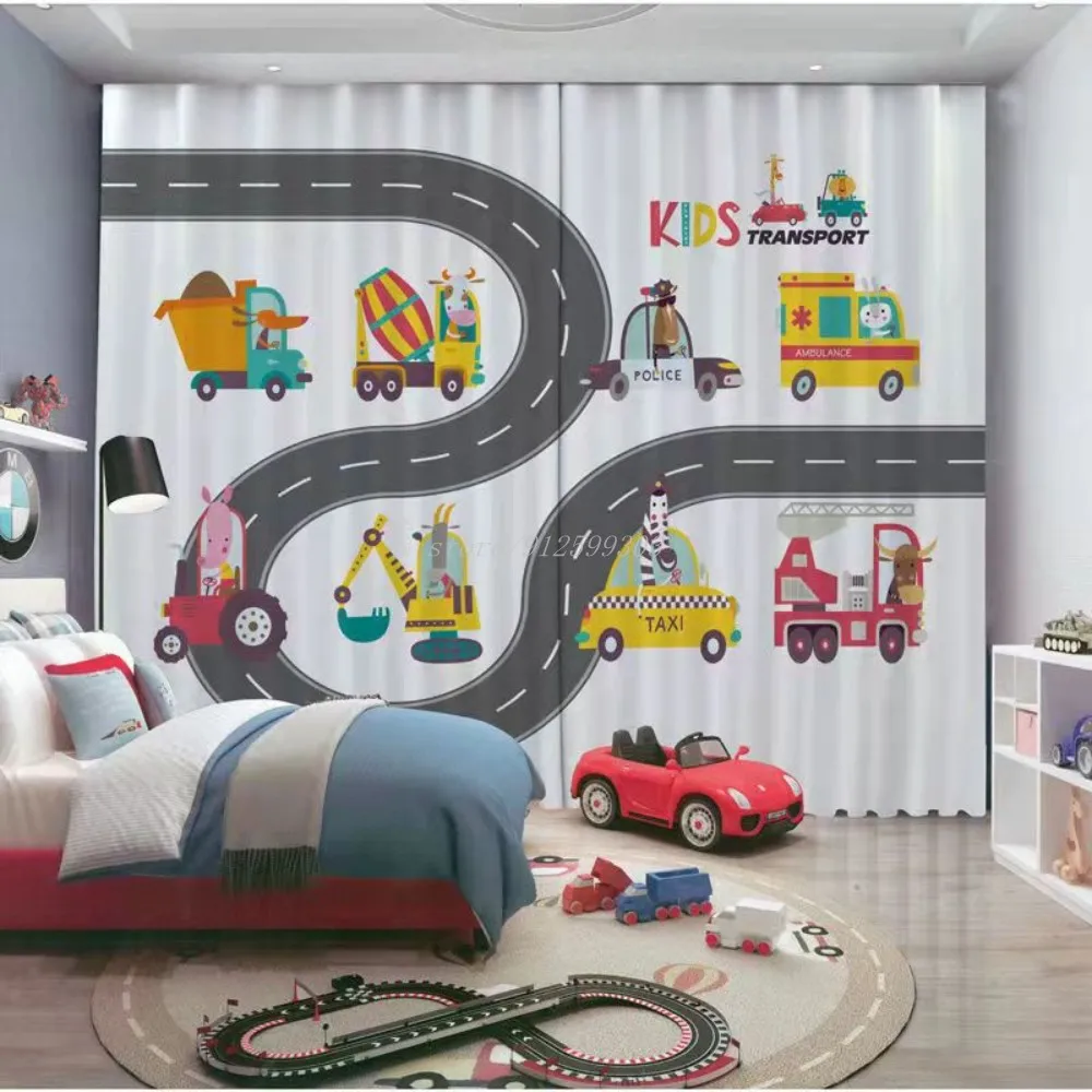 Cartoon Car Excavator Engineering Vehicle Window Curtains Suitable For Boys Kids Child Bedroom High Quality Blackout Curtains