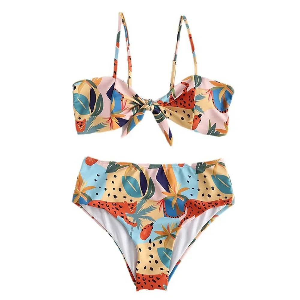 Kawaii Leopard Swimsuit Knotted Sling Bikini Y2K Print Beach Biquini Vacation Swimwear Women Bathing Swimming Suit Summer Outfit