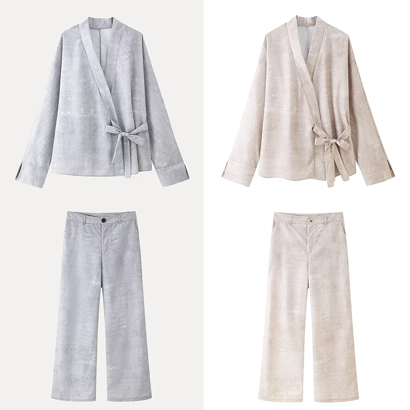 

Z Women's Faion Set Simple Kimono Sle Belted Top And Long Pants Two-Piece Suit Polyester Fiber Summer Collection