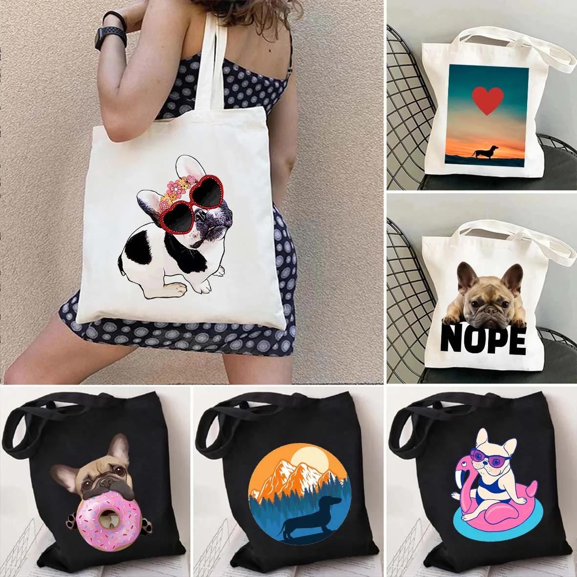 Funny Dachshund Dog Cute Heart English Nope French Bulldog Women Cotton Shopping Bags Eco Tote Canvas Cloth Shoulder Bag Handbag