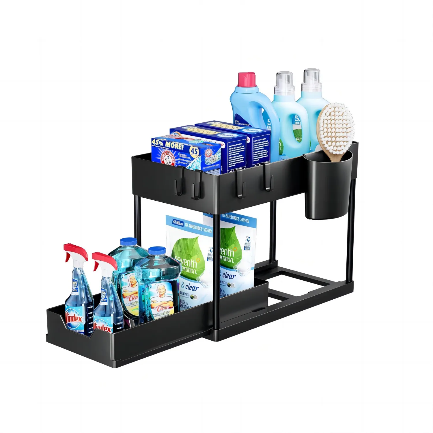 Storage Racks Pull-Type Double-Layer Kitchen Storage Rack Double Sliding Cabinet Organization with Hooks 15.6*8.6*13.2cm Black