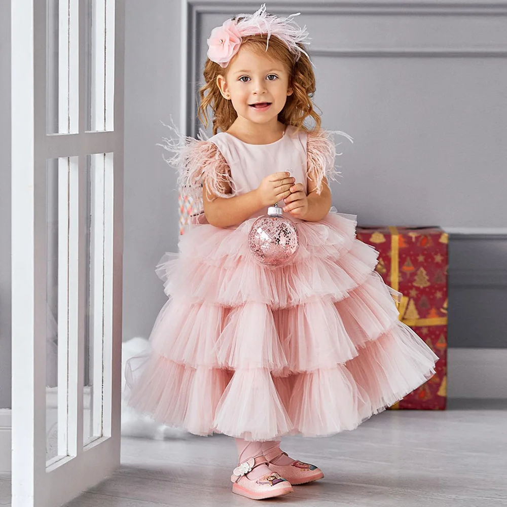 Robe à fleurs en tulle avec plumes pour fille, mancherons, col rond, dos nu, gros nœud, plusieurs niveaux, jolie robe de première communion, robes de soirée pour bébé