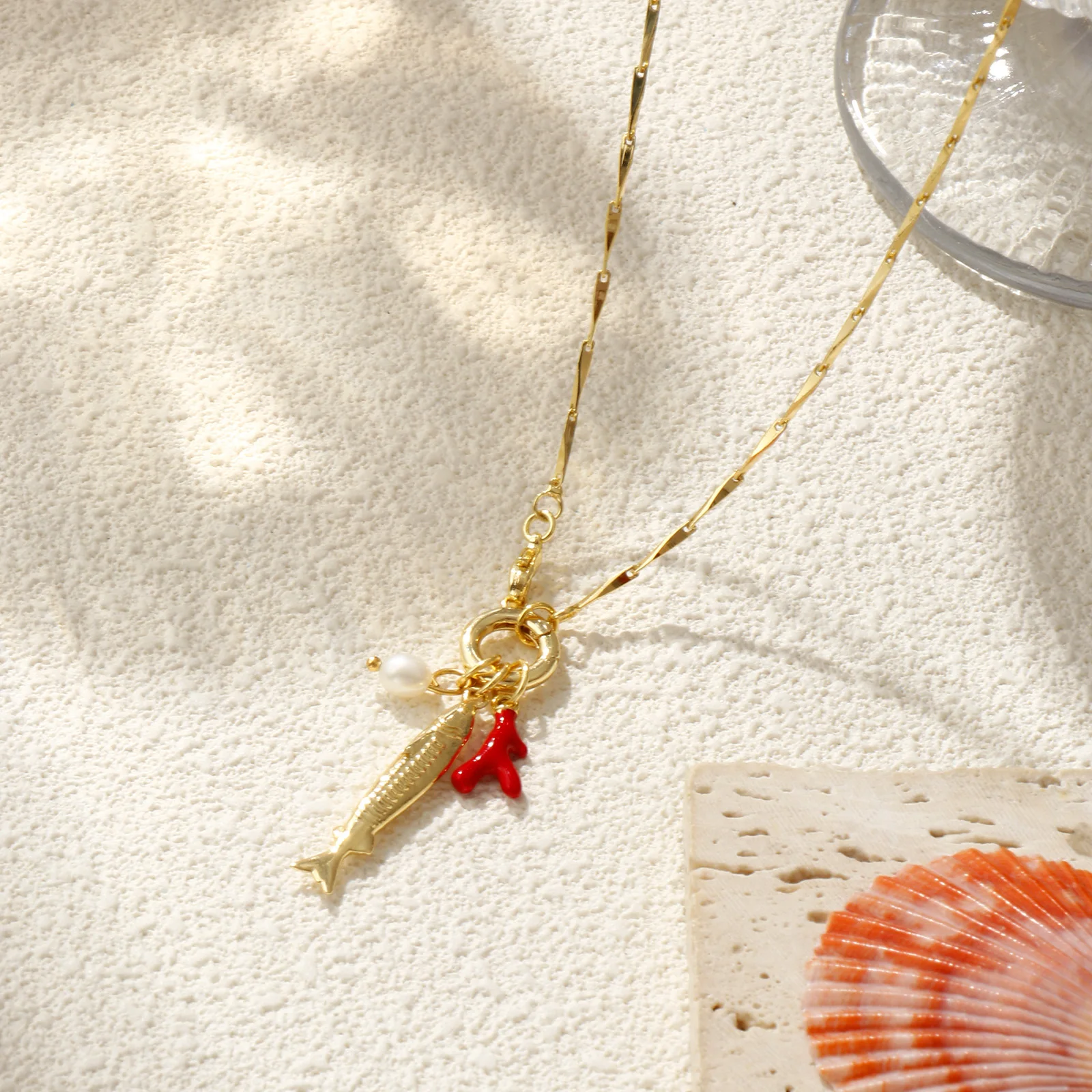 Brass Natural Pearl Fish Pendant Necklace 18K Real Gold Plated Seed Chain 45cm For Women Red Coralline Spring Ring Clasp Jewelry