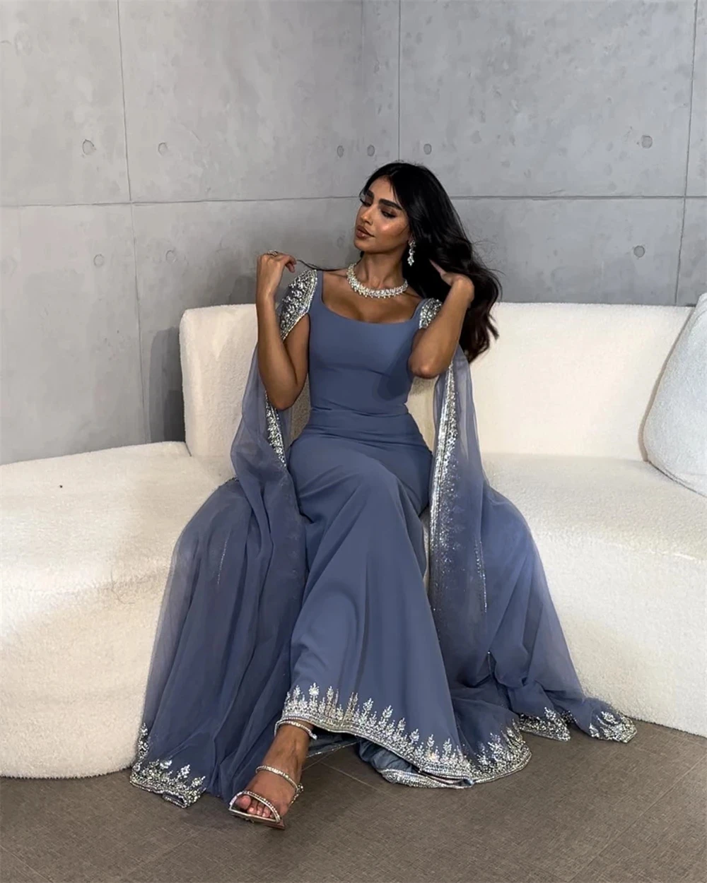 Aenyrst Fashion Elegant Square Mermaid Party Dresses Zipper Up Cap Sleeve Saudi Arabia With Shawl Long Formal Evening Gowns