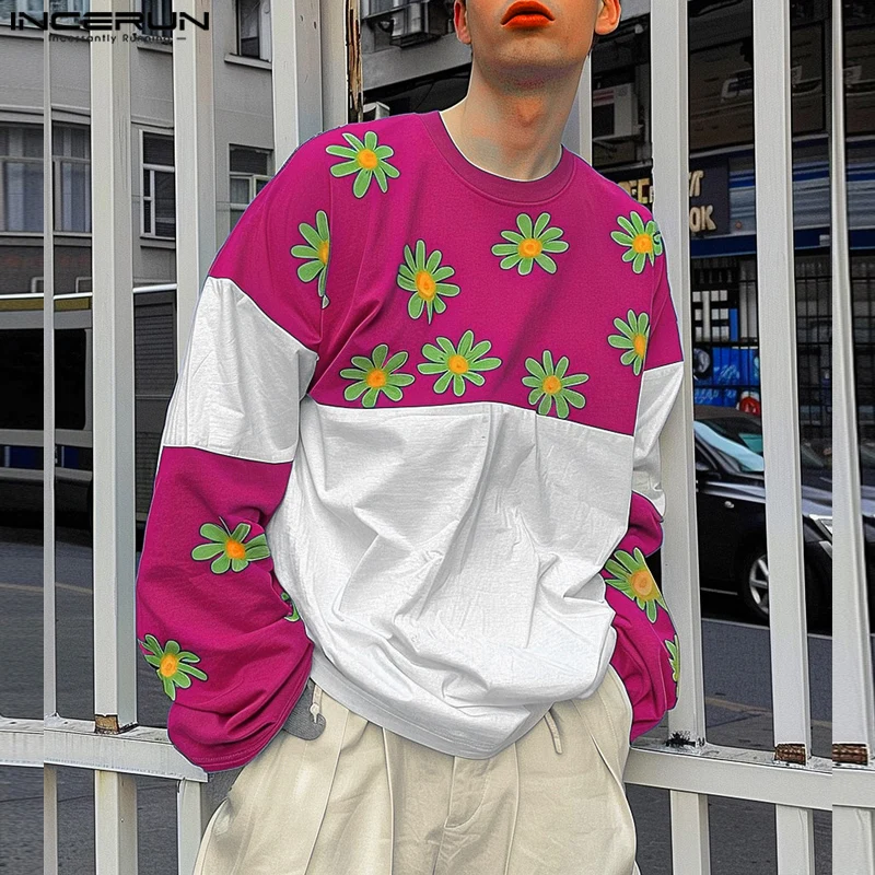 2024 INCERUN New Men's Casual Long Sleeve Tops Handsome Male Floral Printing T-shirts Colorblock Round Neck Loose Commuting Tees image 3