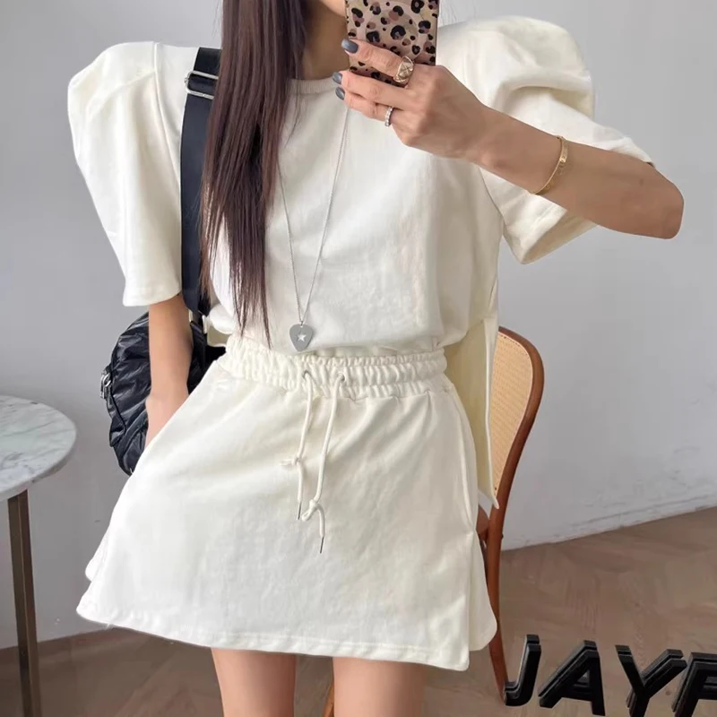 

Chic Summer Vintage Simple Side Slit Bubble Sve Top High Waist Anti-Light A-Line Skirt Set Women's Faion Ensemble