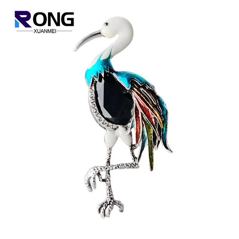 Fashion New Red-Crowned Crane Brooches Women Vintage Enamel Animal Flamingo Brooch Pin Rhinestone Corsage Clothing Accessories