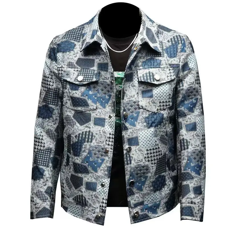 Spring Autumn High Quality Men\'s Fashion Casual Jacket Button Lapel Work Coat Jacquard pattern Plaid Tops Men Jackets
