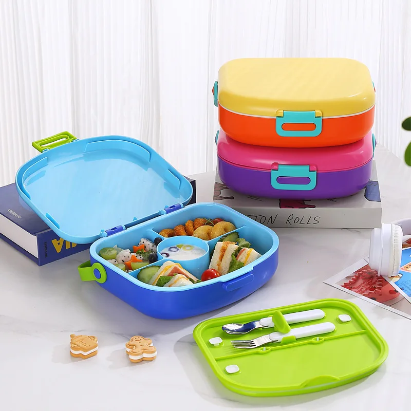 Portable Bento with Fork and Spoon Lunch Box, Leakproof Plastic Food Container, Outdoor Camping Child Lunch Box, School Kids