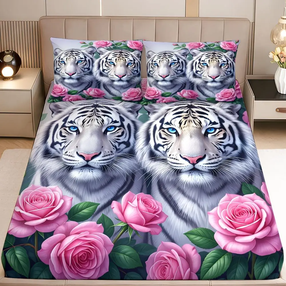 Christmas 2D Digital Print Three-Piece Bedding Set (includes 1 fitted sheet + 2 pillowcases) Mattress Protector, Fitted Sheet Style with Elastic Band, Protective Cover, Mattress Protector, Floral Tiger Print Fitted Sheet Set