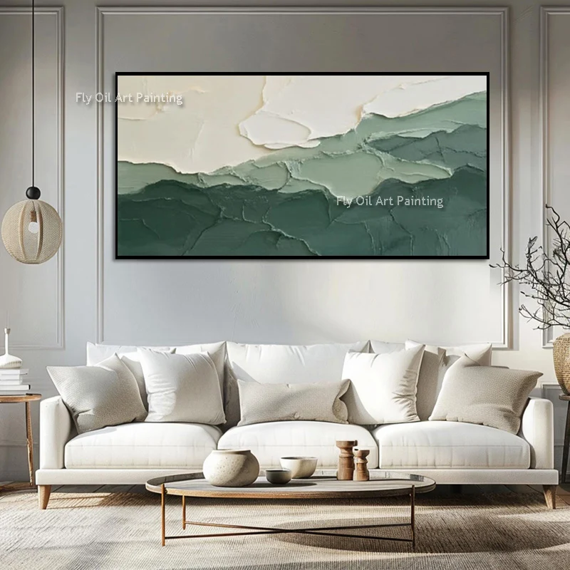 Popular Handpainted Green White Abstract Mountains Landscape Canvas Oil Painting New Simple Light Green Beige Home Wall Art Deco