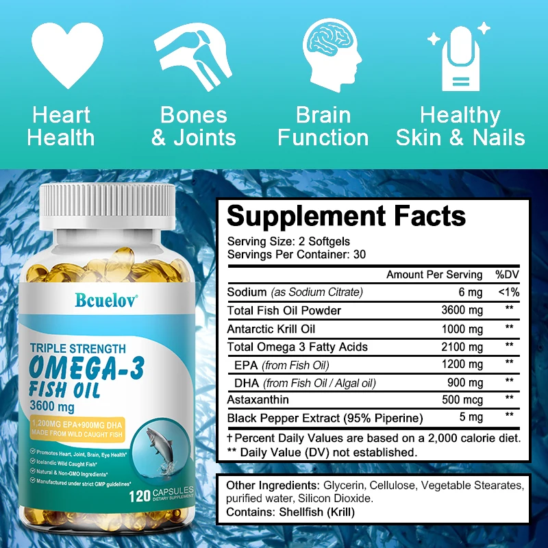 Fish Oil Omega 3 - Triple Strength, Helps Support Eyes, Joints, Heart, Improves Skin Health, Brain Function and Boosts Immunity