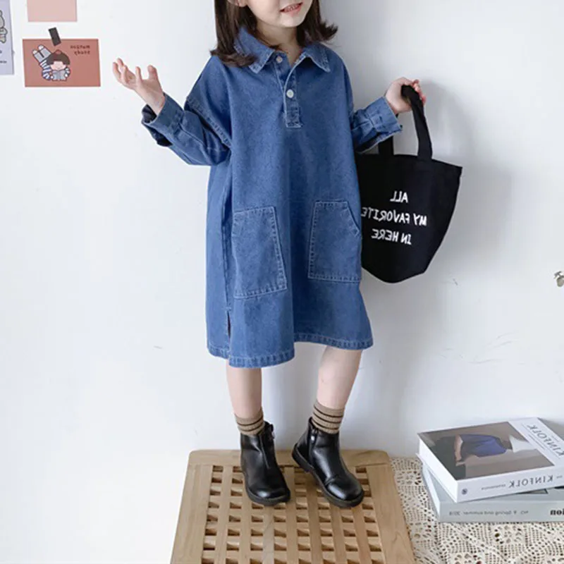 Spring Autumn Children Clothing Girls Dress 2022 New Fashion Lapel Loose Denim Long Dress Baby Clothes Casual Dress for Girls