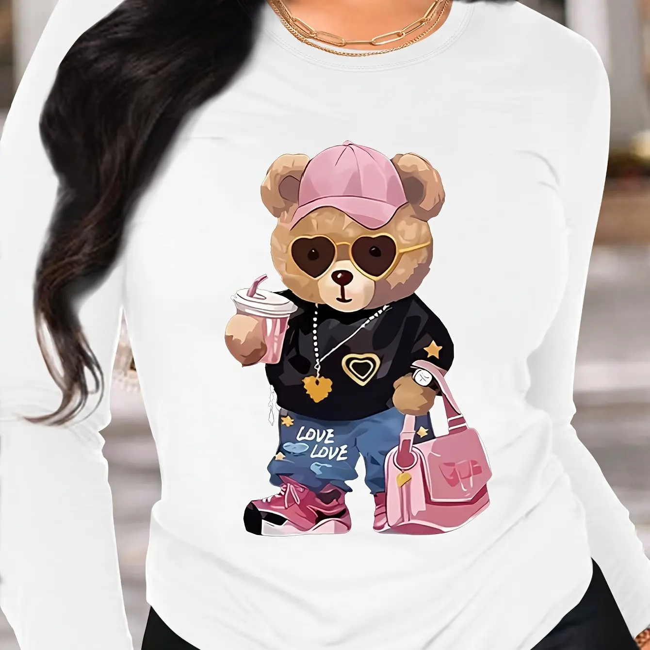 T-shirt manches longues col rond femme, 100% coton, mode décontractée, ample, imprimé ours, printemps et automne