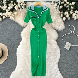 YuooMuoo Chic Fashion Sexy Wrap Hips Knitted Long Dress Women Elegant Single-breasted Bodycon Sweater Dress Office Lady Vestidos