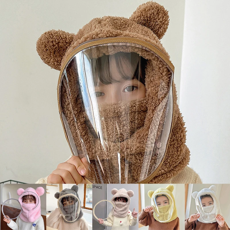 Kids Balaclava 3 in 1 Cute Bear Hat Scarf Mask Set for Boys Girls Ear Protection Winter Soft Beanie Neck Warmer Face Cover Hat