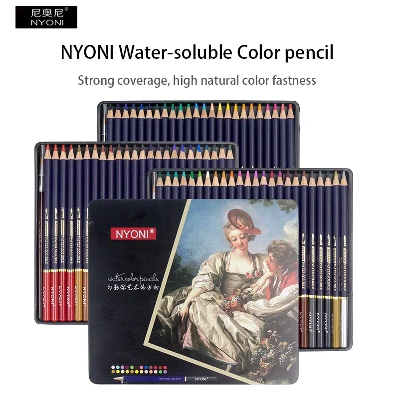 Matita ad acquerello NYONI 12/24/36/48/72/100 matite colorate vibranti solubili in acqua disegno a scatola di latta, forniture artistiche per schizzi