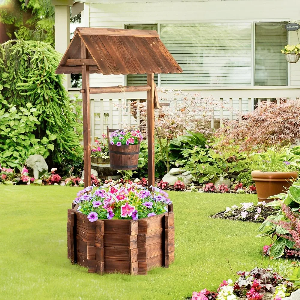 

Wooden Wishing Well Outdoor Planters, Well Covers for Yard with 4 Reinforced Rods, Height Adjustable Hanging Bucket