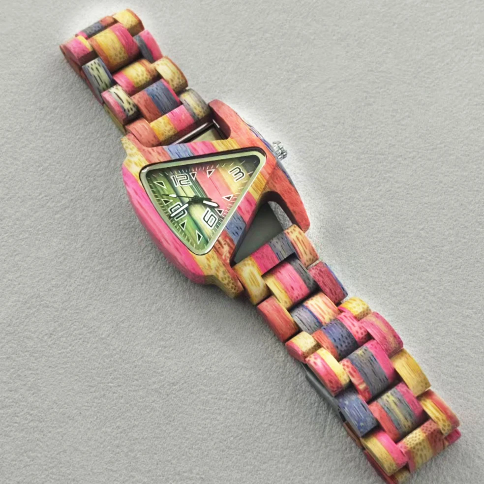 

Wooden watch, wooden strap, vibrant color scheme, high-end feel, holiday gift