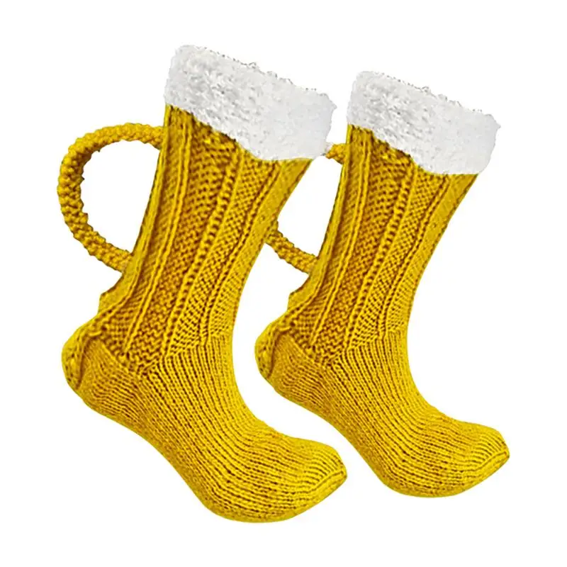 3D Beer Mug Knitted Socks Men's Padded Warm Mid-Calf Socks Women Winter Soft Funny Sleep Floor Socks Woolen Socks Christmas Gift