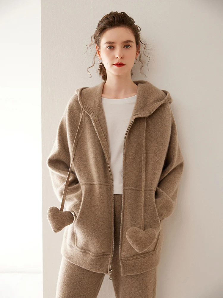 Autumn Winter Women 100% Cashmere Cardigan Luxury Soft Warm Hooded Sweater Zipper Casual Knitwear Female Jacket Tops Heart style