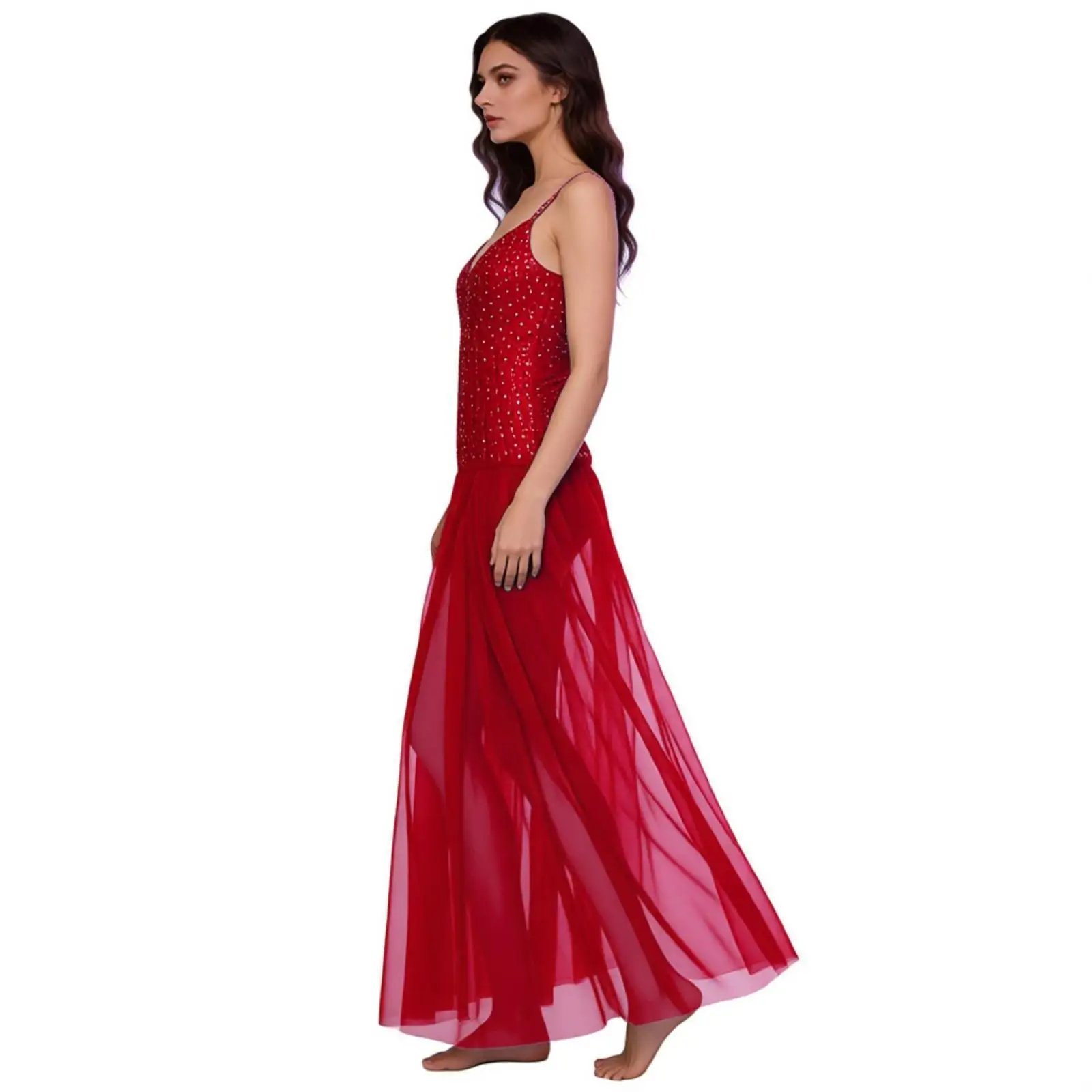 女性用モダンリリカルダンス用マキシドレス、グリッターラインストーン付きシアーメッシュバレエフィギュアスケートダンスレオタードドレス、ダンスドレス用