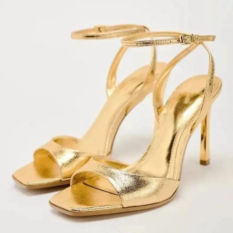 

Luxury Gold Patent Leather Heeled Sandals Women Sexy Square Toe Ankle Strap Designer High Heels Summer Elegant Office Shoes