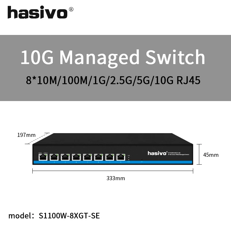 Hasivo vollständiger 10-GHz-PoE- oder Nicht-PoE-Netzwerk-Switch, 8 x 10 Gbit/s, RJ45-Port, Smart-Web-Managed, 10 Gbit/s