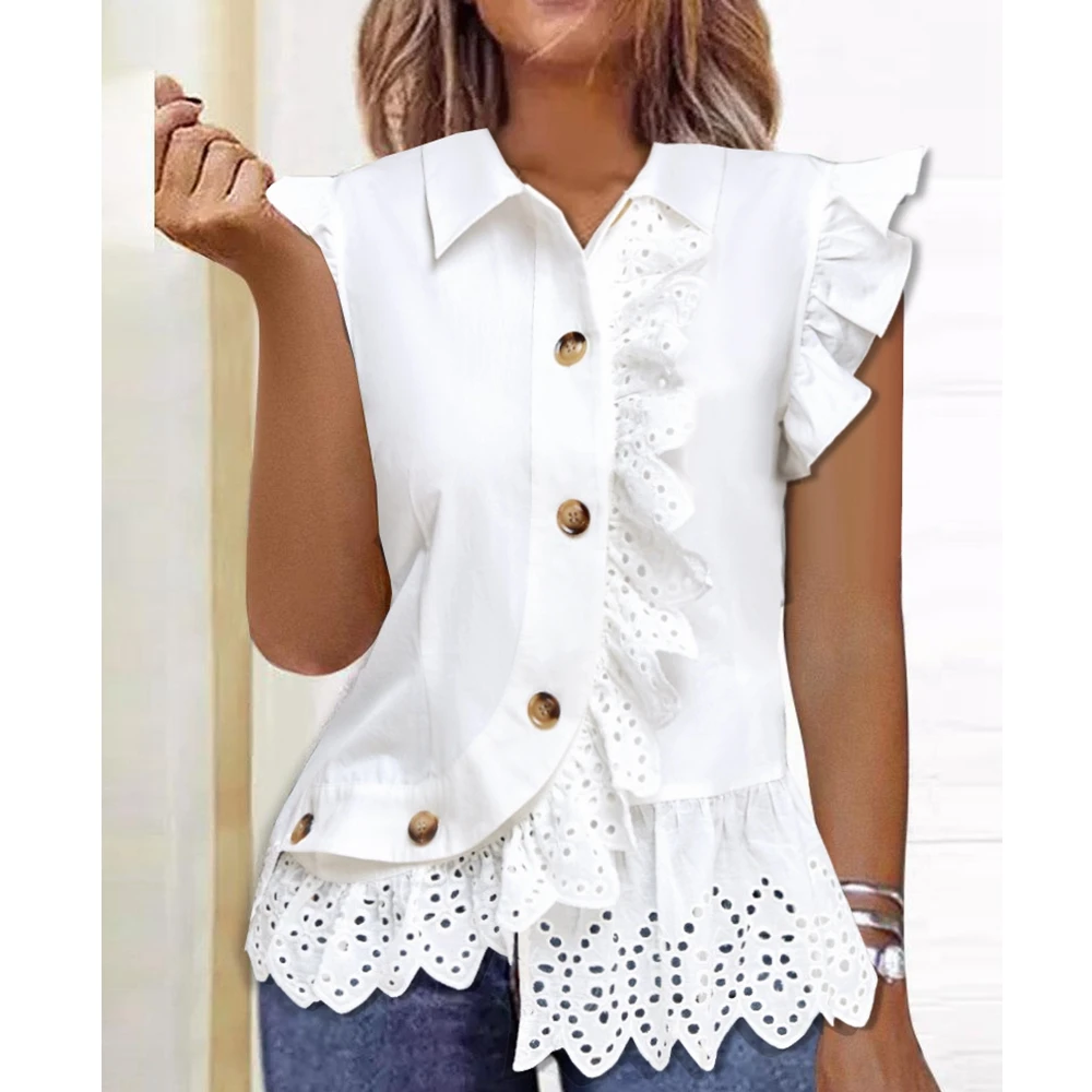 

Shirts Tops Women Hollow-out Lace Stitching Short Sleeve Stringy Selvedge Shirt Solid Color White Single Breasted Shirts