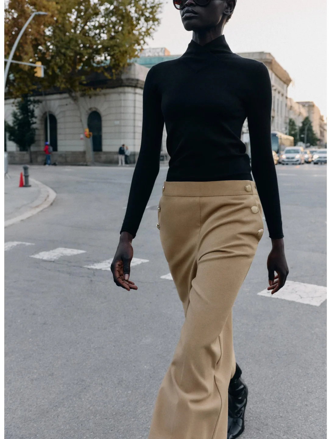 Winter New Casual High Waist Button Decorated ort Wide Leg Seven-Foot Pants Women's Faion Side Zipper  Trousers