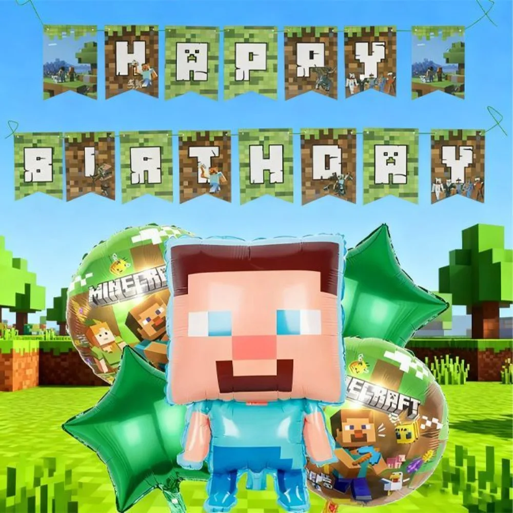 Minecraft Happy Birthday Banner Balloon Set Pixel Game Steve Foil Balloons Birthday Party Decor Photo Prop Supplies