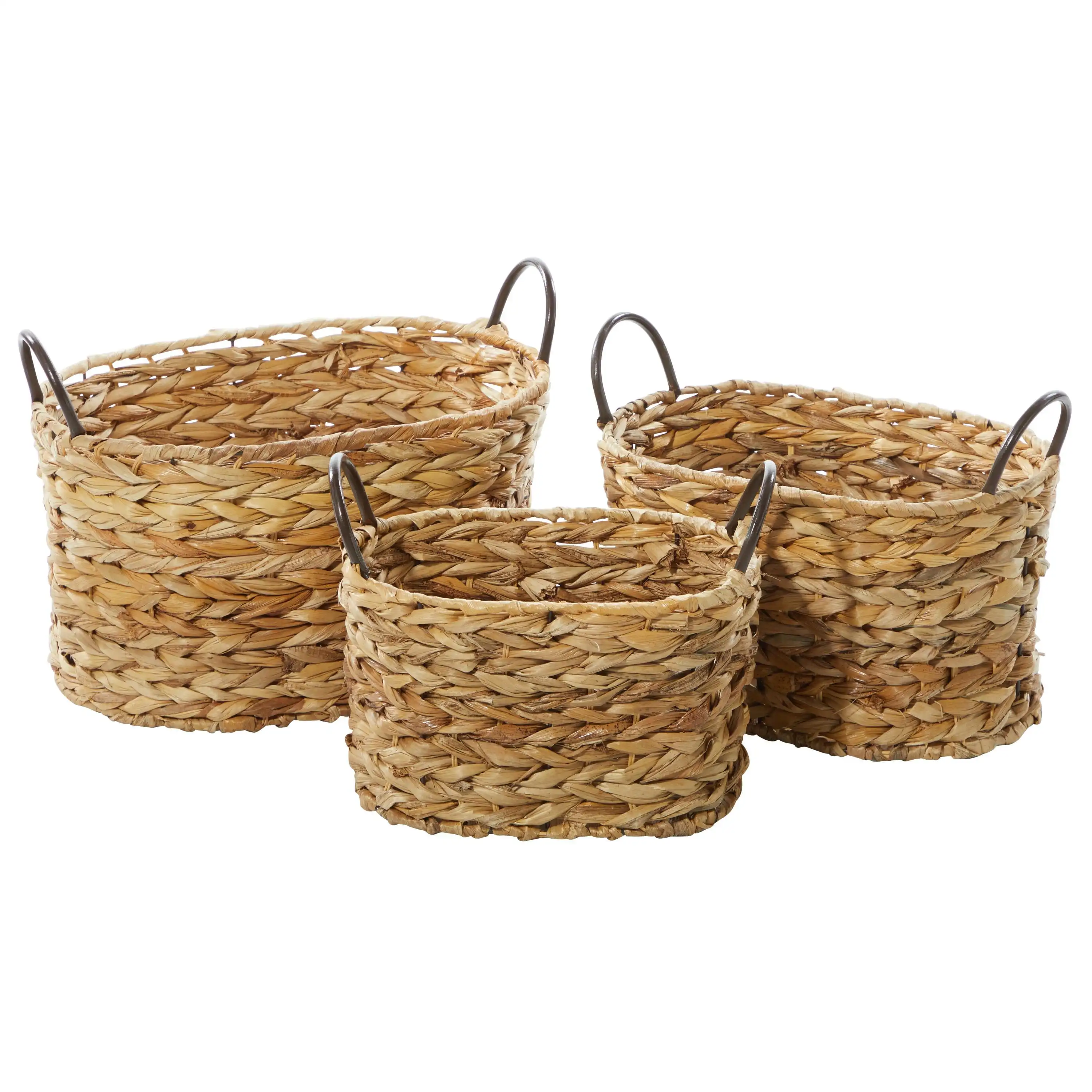 

16, 13, 11W Brown Metal Handmade Storage Basket with Metal Handles, 3-Pieces